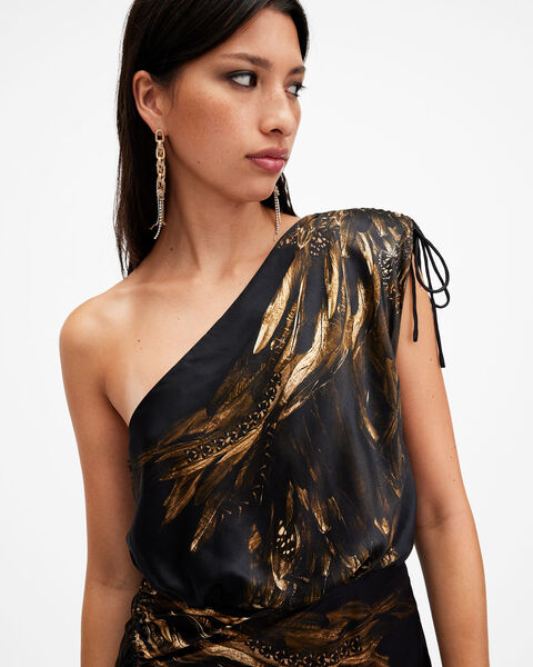 laura silk blend one shoulder maxi dress AllSaints Laura Ines one shoulder satin maxi dress in multi