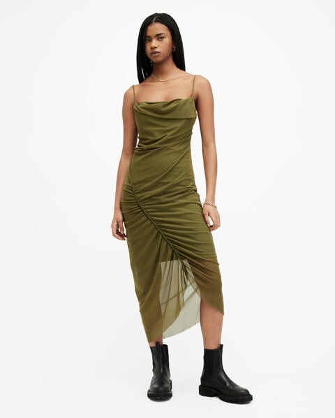 ulla mesh draped midi dress Allsaints Mesh Ulla Midi Dress - Green